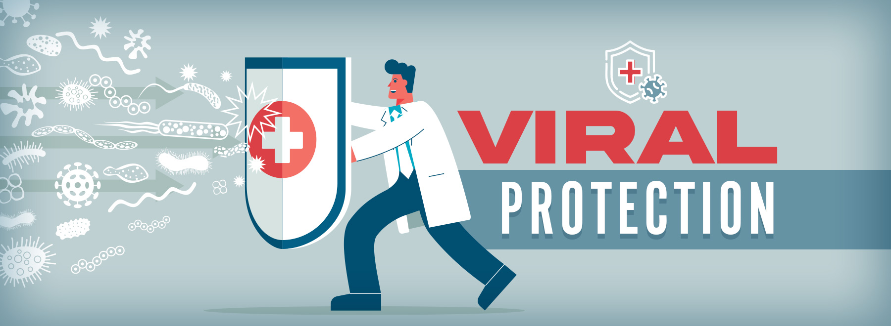 A man in a lab coat displays a shield with the words "viral protection," representing safeguards against flu viruses.